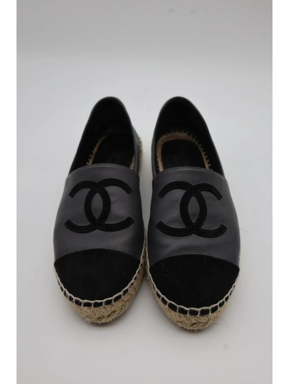 Chanel Black Leather and Suede Espadrilles with CC Logo, Size 36